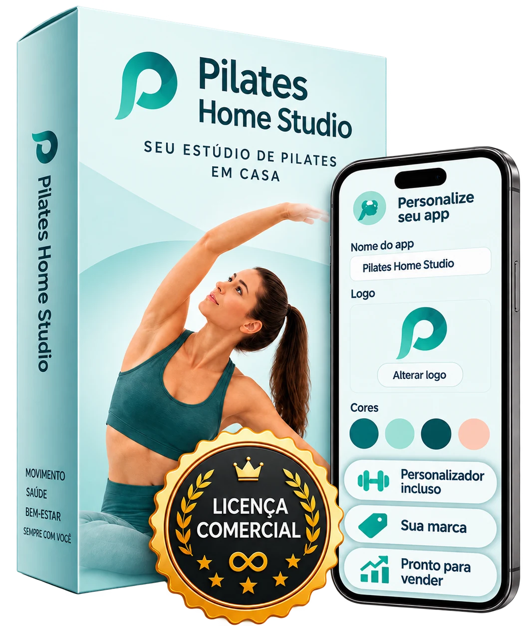 Caixa do produto Pilates Home Studio com selo de licença comercial e o aplicativo no celular