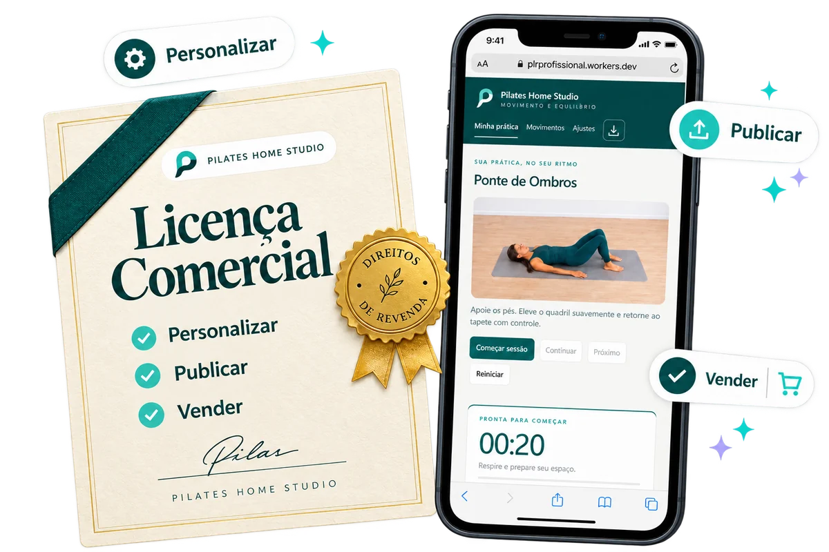 Certificado de licença comercial do Pilates Home Studio ao lado do aplicativo no celular