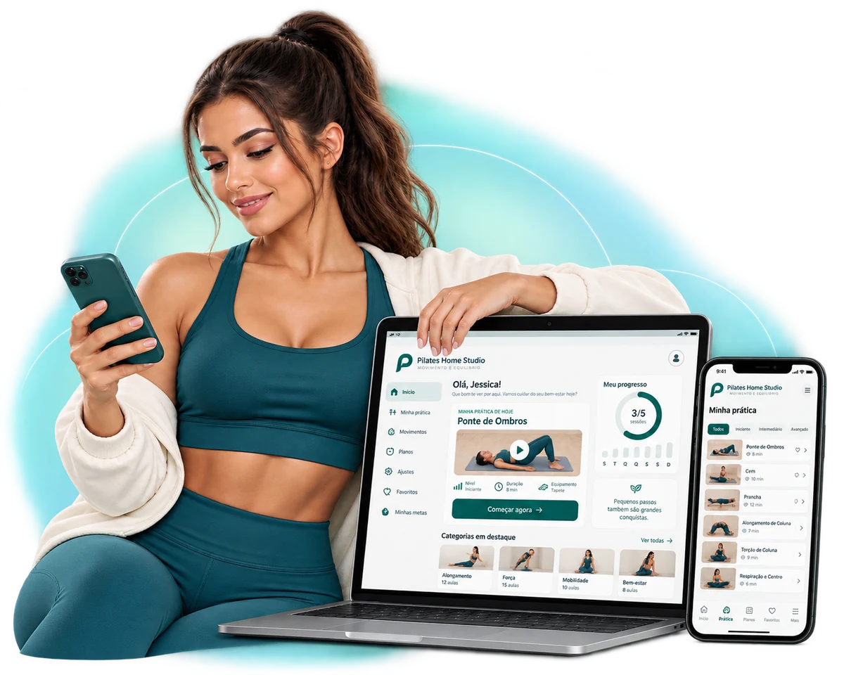 Mulher usando o aplicativo Pilates Home Studio no celular, notebook e smartphone