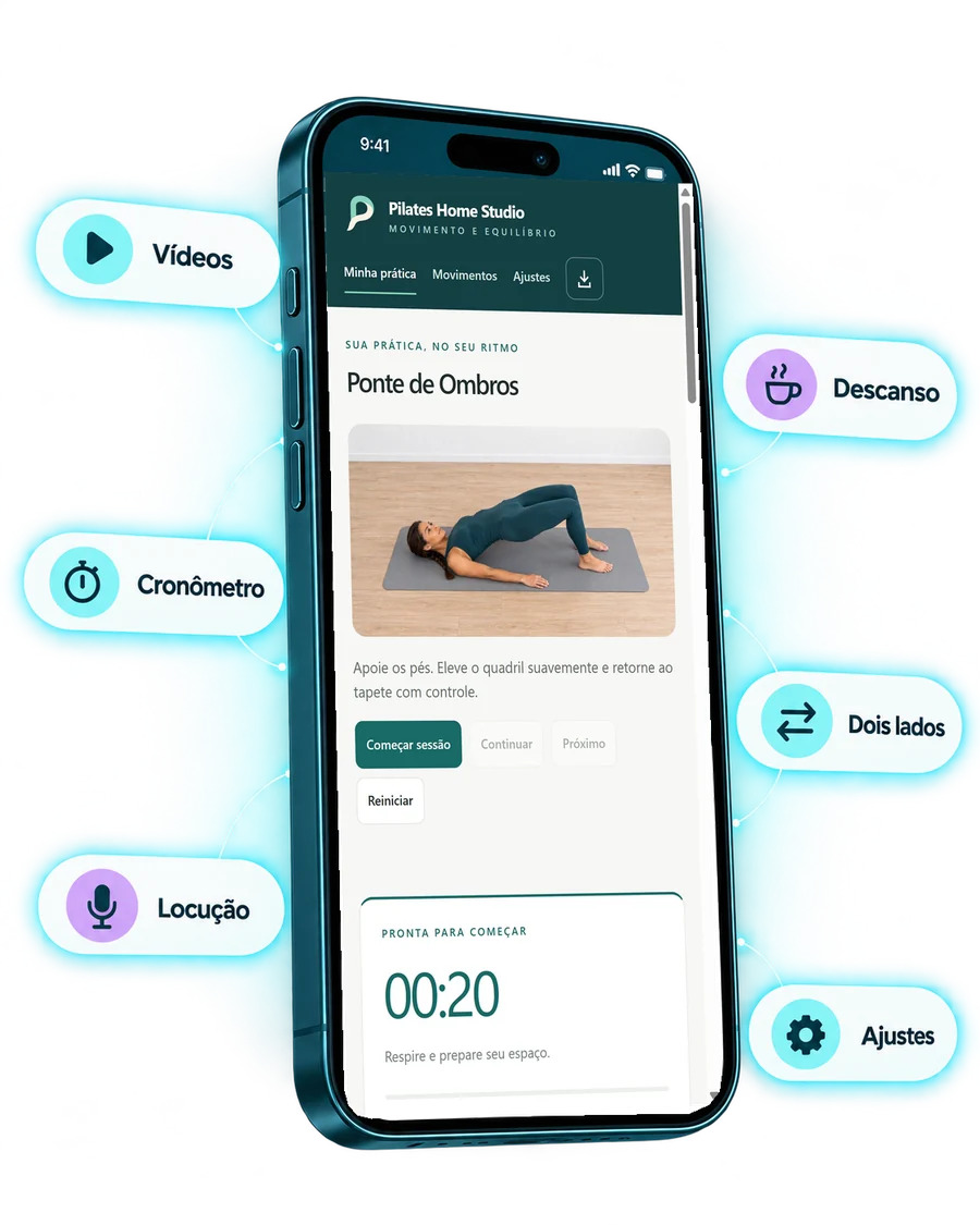 Aplicativo Pilates Home Studio no celular com vídeos, cronômetro, locução, descanso, dois lados e ajustes
